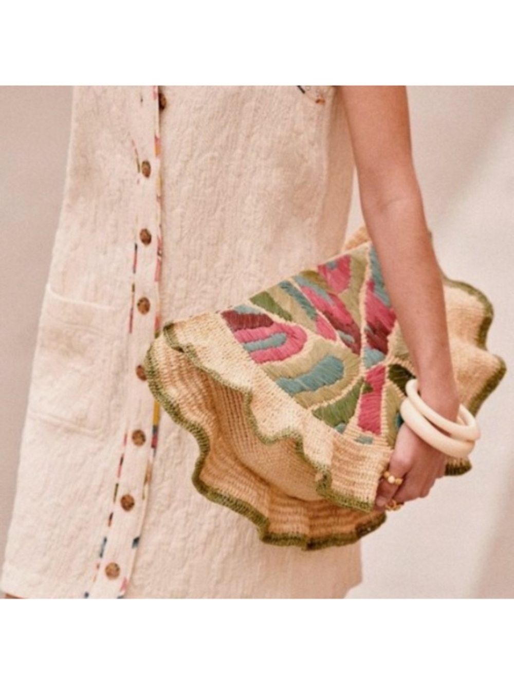 Sezane Mila Clutch Bag Embroidered Ruffle Large Raffia Natural Pink Green Rare